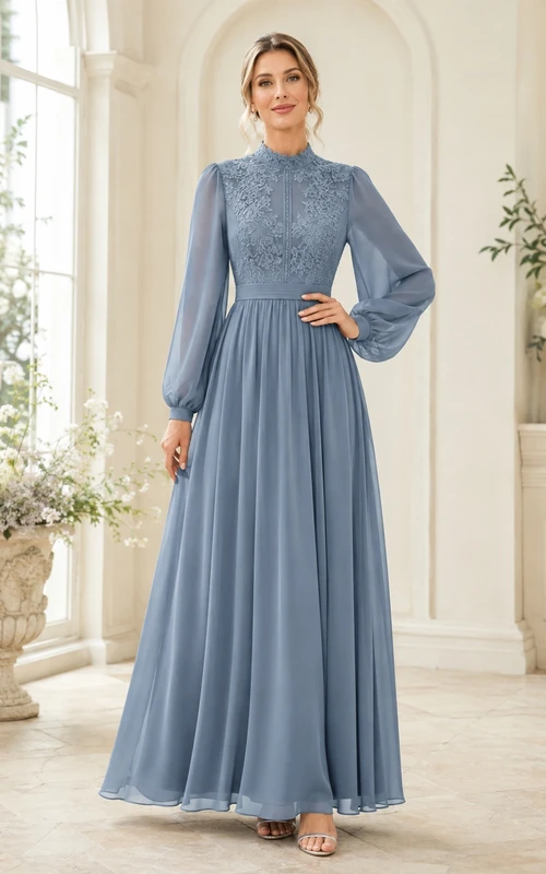 Schieferblaues, schlichtes, hochgeschlossenes Spitzenkleid mit Puffärmeln, A-Linien-Schnitt und bodenlang