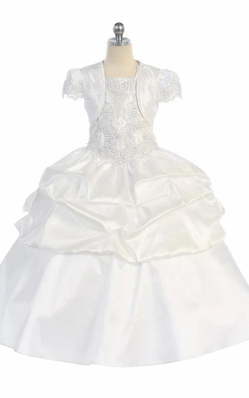 Knielanges, appliziertes, gerafftes Blumenmädchenkleid mit Perlen, Spitze und Pailletten