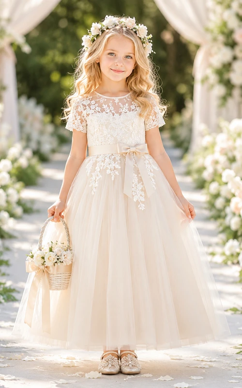 Vestido de niña de flores de tul y encaje con corte en A, mangas cortas, cuello redondo y falda a la altura de la rodilla.