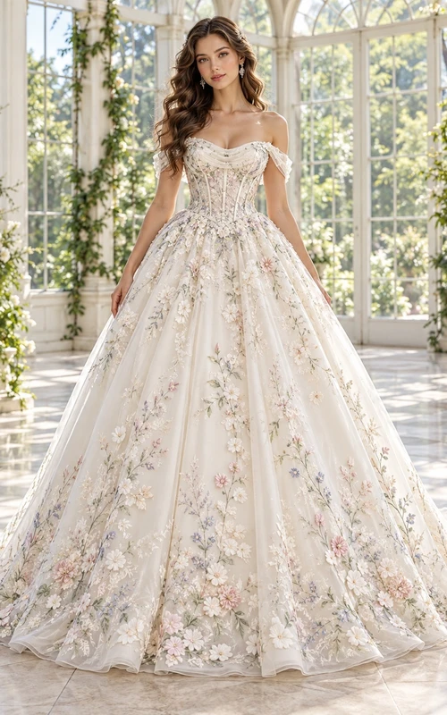 Floral Off Shoulder Corset Bodice Full Tulle Wedding Dress