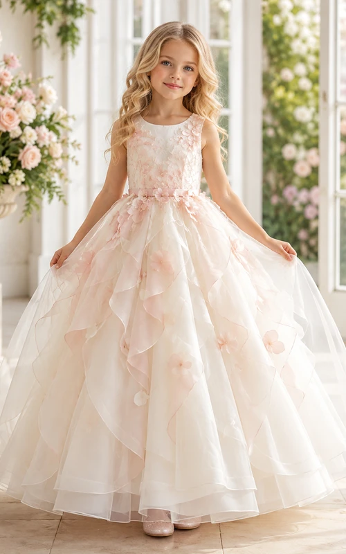 Luxury Floor-Length Ball Gown Flower Girl Tulle Petal Ruffle Garden Dress with Jewel Neck