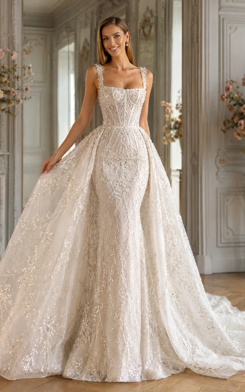 Robe de mariée en tulle et dentelle fluide, col carré, sans manches, coupe trapèze, traîne chapelle, sequins, style bord de lac