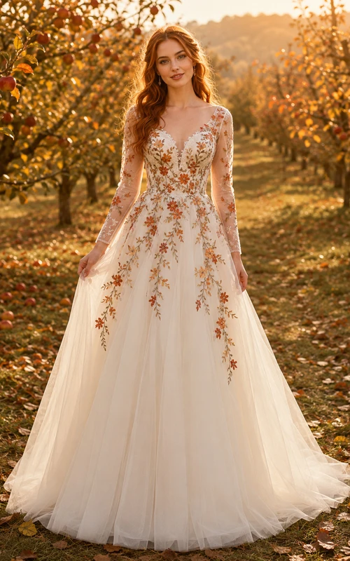 Autumn Burnt Orange Floral Embroidered A-Line Wedding Dress