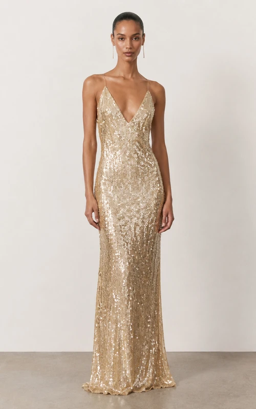 Robe de soirée fourreau à sequins, col en V, sans manches, longueur au sol