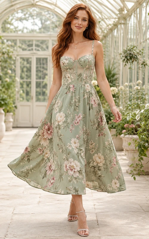Robe midi trapèze à bretelles corset et décolleté cœur, imprimé floral sauge