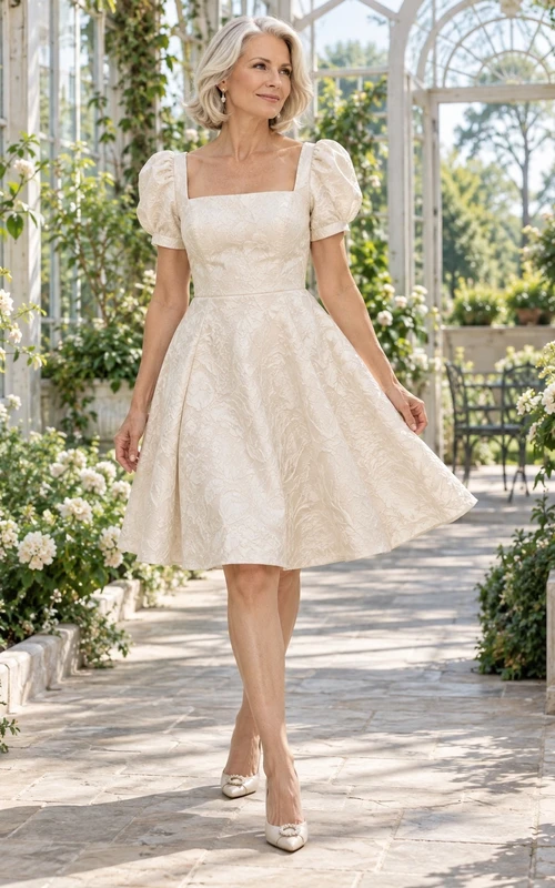 Vestido de novia sencillo de corte A con escote cuadrado, largo hasta la rodilla y estampado floral, ideal para novias mayores con mangas abullonadas.