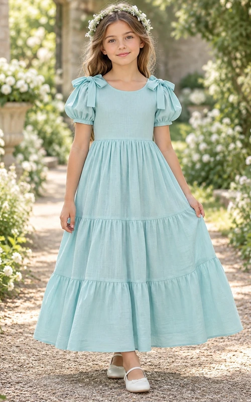 Aqua Puff Sleeve Shoulder Bow Tiered Cotton A-line Flower Girl Dress