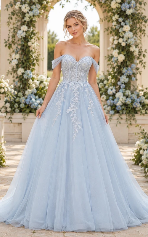 Blue Off Shoulder Lace Tulle A Line Garden Wedding Dress
