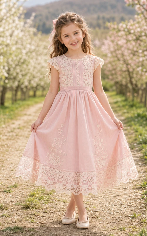 Flower Girl Dress Blush Lace Tulle A-Line Scoop Neck Tea Length