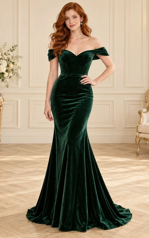 Vestido de fiesta de terciopelo ajustado con escote corazón y hombros descubiertos, estilo sirena vintage, color verde sirena.