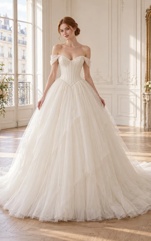 Robe de mariée vintage à épaules dénudées, bustier cœur, corset et longue traîne en tulle superposé