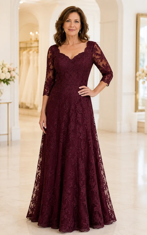 Burgunderfarbenes A-Linien-Kleid aus Spitze mit V-Ausschnitt und Dreiviertelärmeln