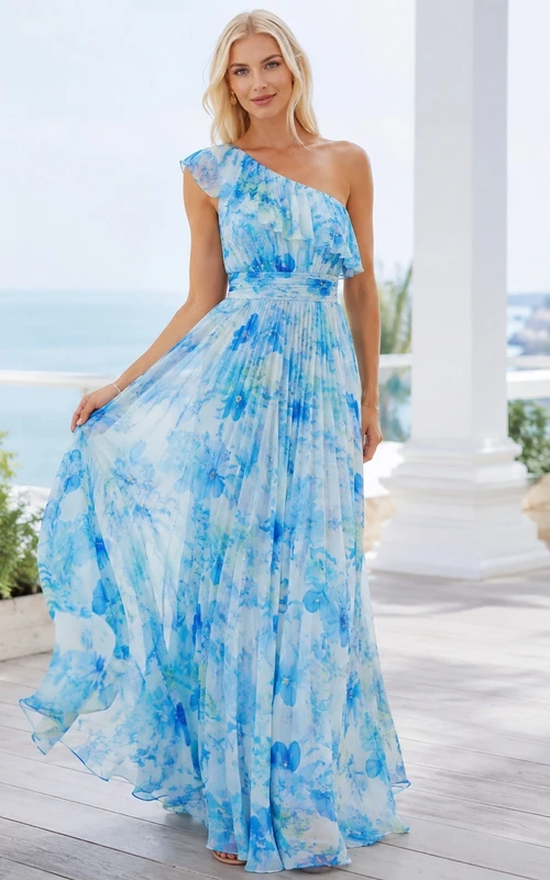 Sky Blue Floral Chiffon One-Shoulder Sleeveless Floor-Length A-Line Dress