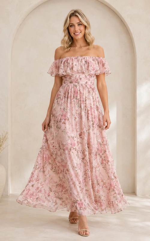 Rosafarbenes, geblümtes, schulterfreies, gesmoktes Umstands-Maxikleid für Gäste
