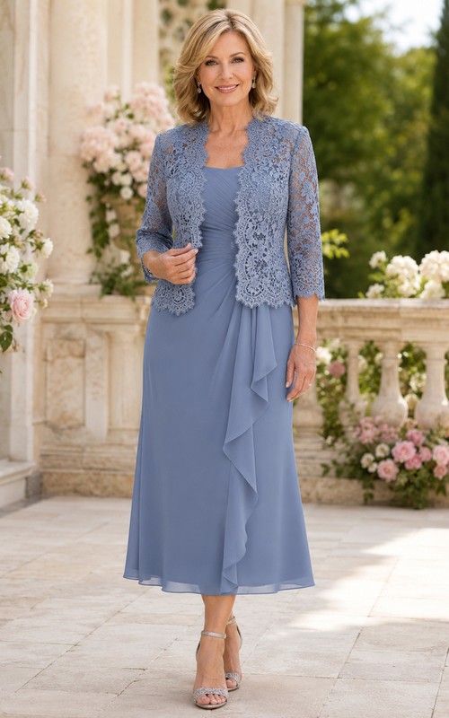 Steel Blue Modest Detachable Scalloped Lace-Jacket Draped Chiffon