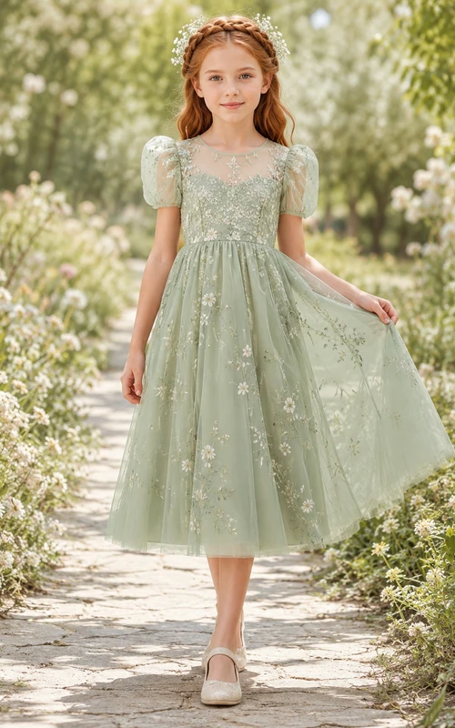 Robe de demoiselle d'honneur de jardin en tulle à manches bouffantes, coupe trapèze, brodée de fleurs de sauge et longueur thé, style Aline, en dentelle florale sauge