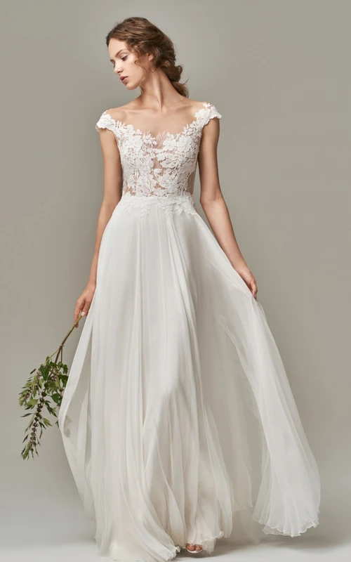 Elegantes, bodenlanges Brautkleid aus Chiffon und Spitze in A-Linie mit kurzen Ärmeln und Applikationen im U-Boot-Stil