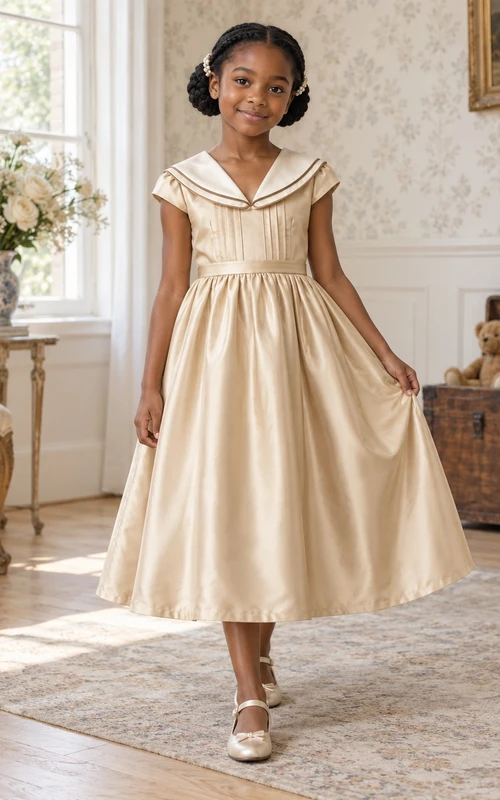 Vestido de niña de flores de satén color champán vintage, corte en A, manga corta, cuello marinero y pliegues.