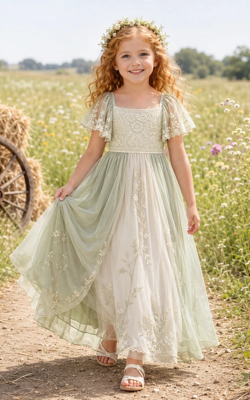 Salbeigrünes Chiffon-Blumenmädchenkleid in A-Linie mit kurzen Ärmeln, eckigem Ausschnitt und Teelänge, plissiert