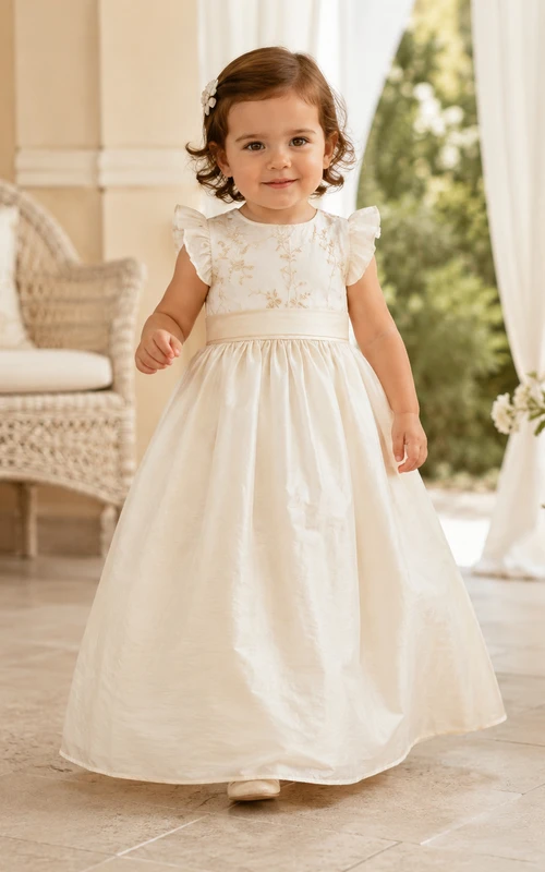 Vestido de bautizo de seda dupioni, corte A, corpiño de encaje, manga corta, elegante, romántico, adorable, con detalles de joyas.