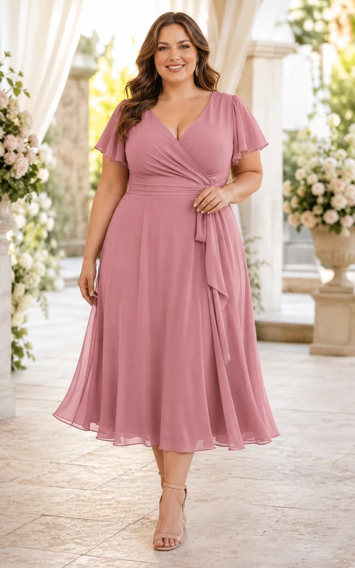 Vestido de gasa de talla grande con escote en V y largo hasta la rodilla en color rosa empolvado