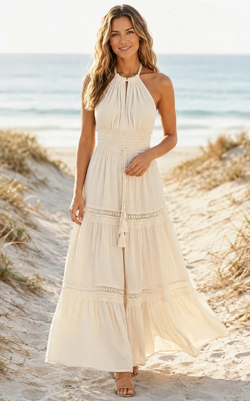 Boho Beach Halter Backless A-line Lace Trim Maxi Dress