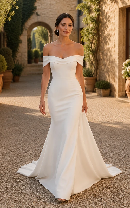 Robe de mariée sirène simple en crêpe à épaules dénudées et dos boutonné