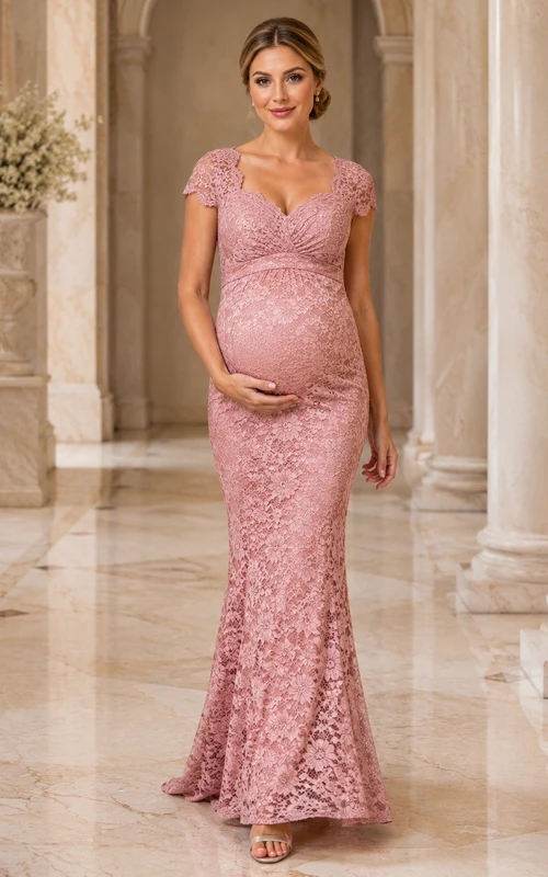 Maternity Short Sleeve Lace Mermaid Romantic Formal Evening Dress