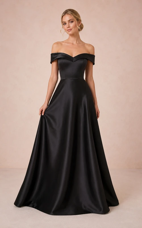 Evening Gown Black Satin A-Line Off Shoulder Short Sleeve Floor Length
