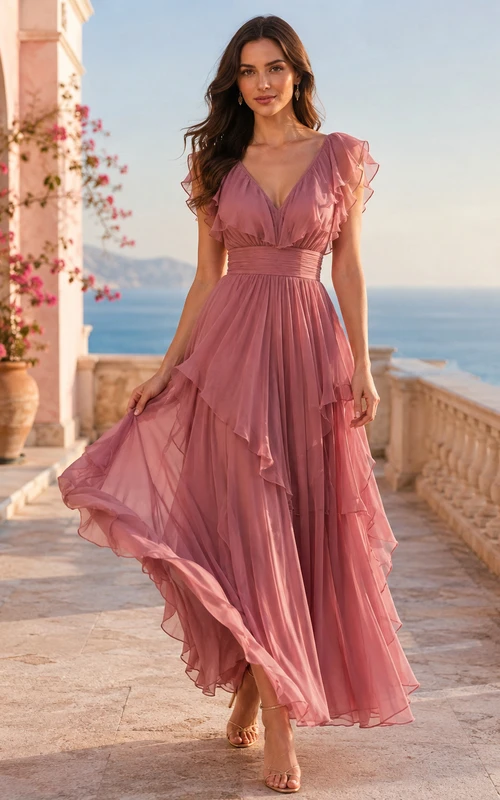 Romantic Vintage-Mauve V-Neck Flutter-Sleeve Tiered Chiffon High-Low A-Line Bridesmaid Dress