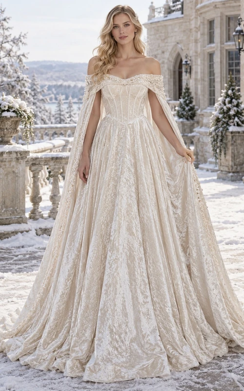 Vestido de novia de invierno con corpiño de paneles, hombros descubiertos y capa de terciopelo texturizado.