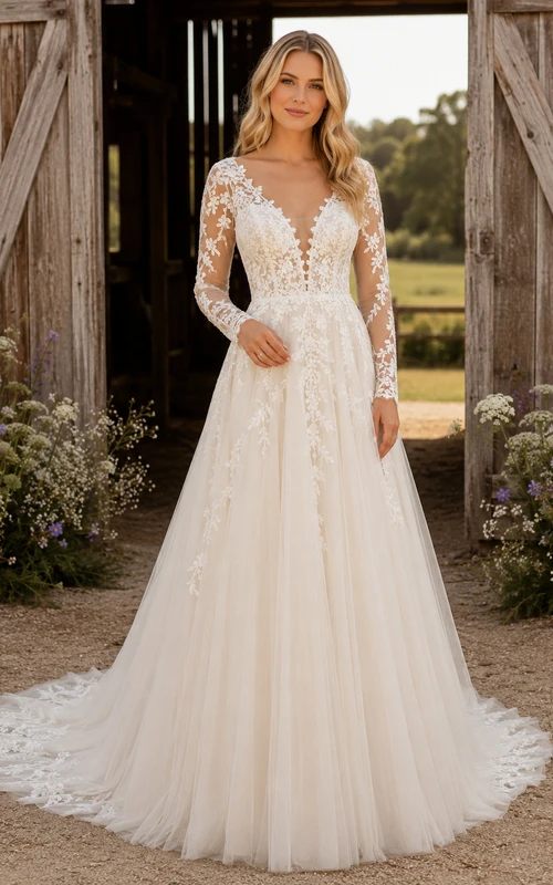 Lace Tulle Wedding Dress A-Line V-Neck Sleeveless Chapel Train Bridal Gown