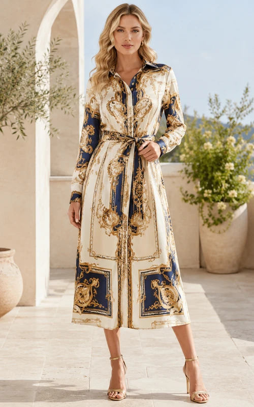 Baroque Satin Long Sleeve Belted Printed Shirt Occasion Dress
