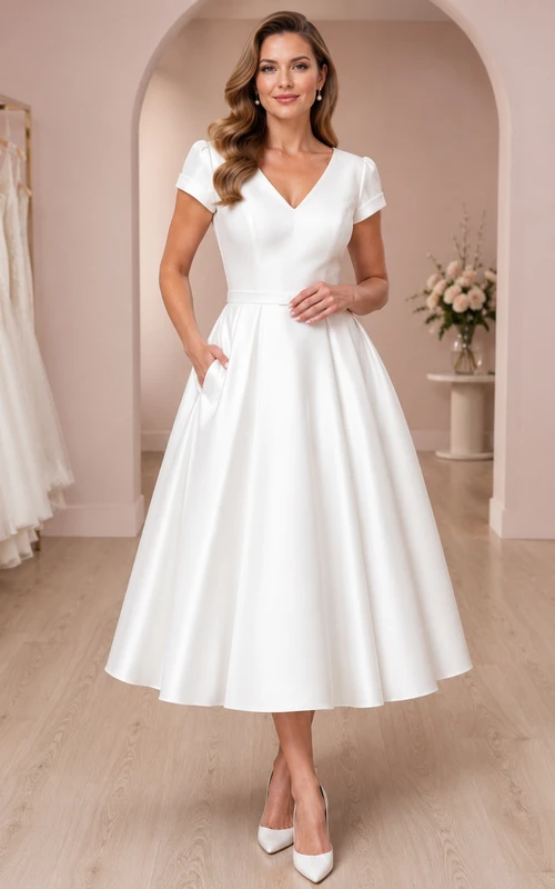 1950s Tea-Length V-Neck Cap Sleeve Satin Courthouse Vintage Wedding Dress