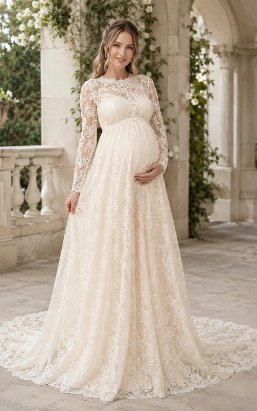 Robe de mariée de maternité à manches longues en dentelle, style empire bateau, pour chapelle
