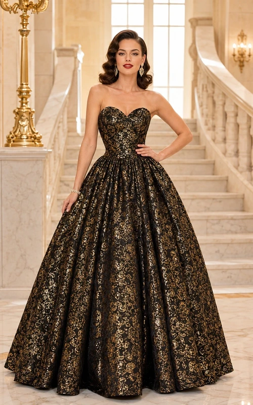 Vintage Black Gold Strapless Floral Brocade Ball Gown