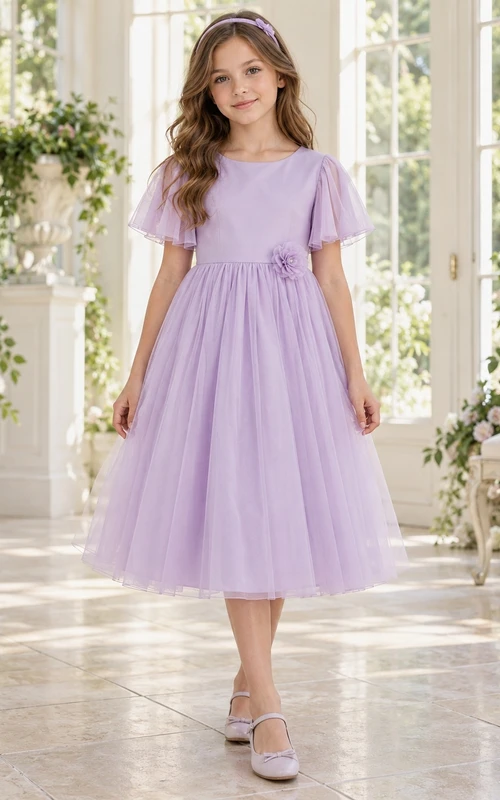 Lilac Tea-length Jewel Flutter-sleeve Tulle Gathered Floral Unbanded Zipper-back Flower Girl Dress