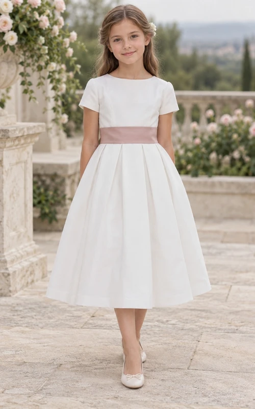 Simple Modest Tea-length White Bateau Short-sleeve Broad-pink-waisted Pleated Zipper-back Flower Girl Dress