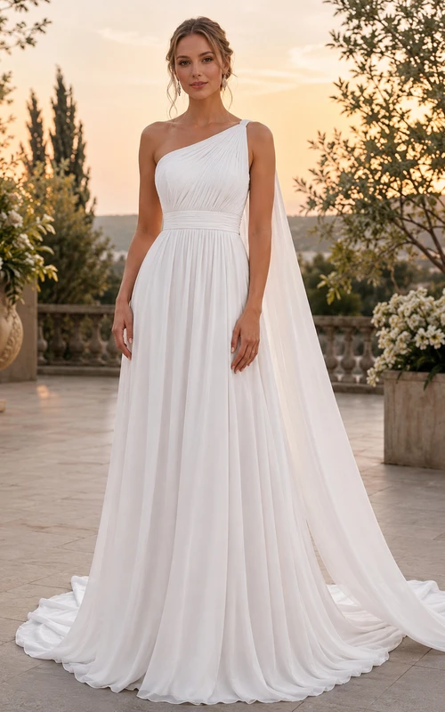 Flowing One Shoulder Pleated Chiffon A-Line Sweep Free Ceremony Wedding Dress