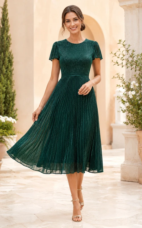 Emerald short sleeve pleated tea length A-line dress