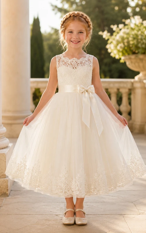 Robe de demoiselle d'honneur en dentelle ivoire et tulle, coupe trapèze, col rond, longueur midi, détail nœud.