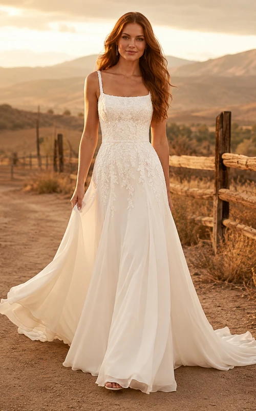 Robe de mariée champêtre en tulle, coupe trapèze, bretelles spaghetti et traîne chapelle