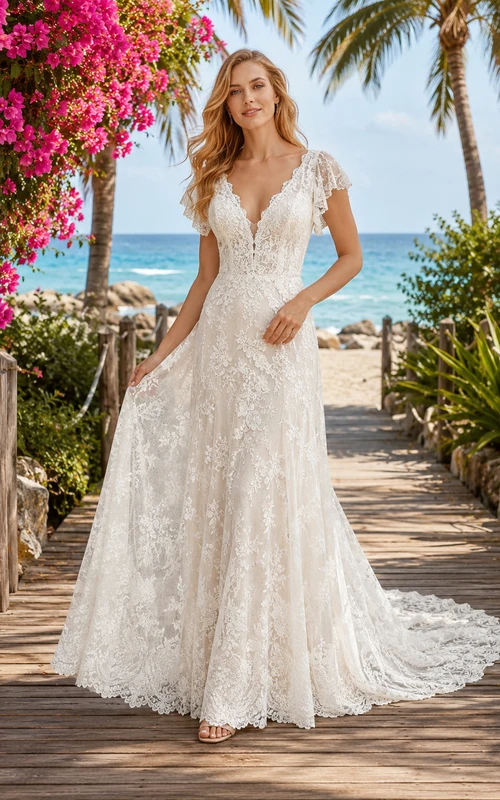 Vestido de novia de playa de corte A con encaje y manga corta
