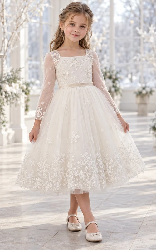 Elfenbeinfarbenes Tüllkleid mit eckigem Ausschnitt, langen Ärmeln und Schneeflockenmuster für Blumenmädchen