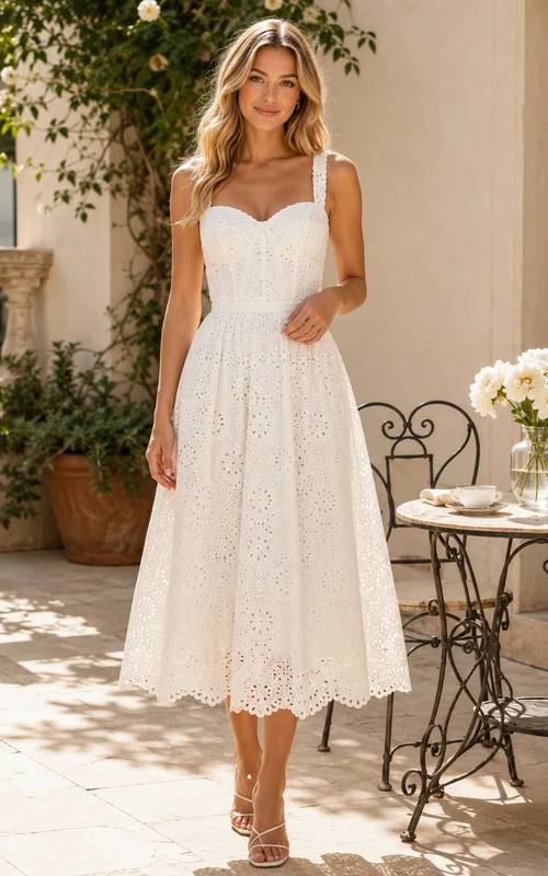Bridal Brunch Square Neck Wide Strap Eyelet Tea Length A Line Dress
