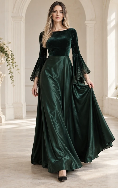 Vestido de dama de honor elegante, de manga larga, estilo gótico, color esmeralda, con mangas acampanadas, terciopelo, satén y ribete de encaje.