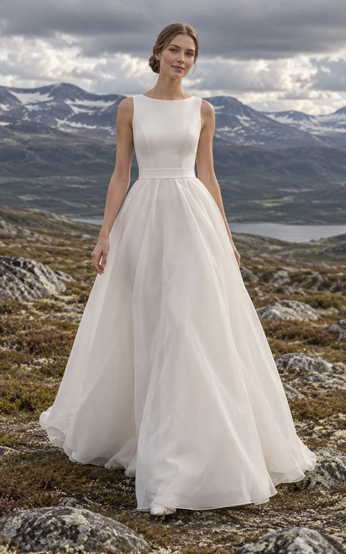 Sencillo vestido de novia de organza sin mangas con escote barco, corte en A, corpiño y cintura con paneles.