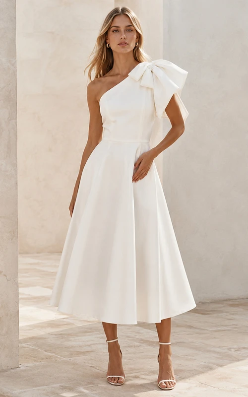 One shoulder bow pleated tea length courthouse wedding dress