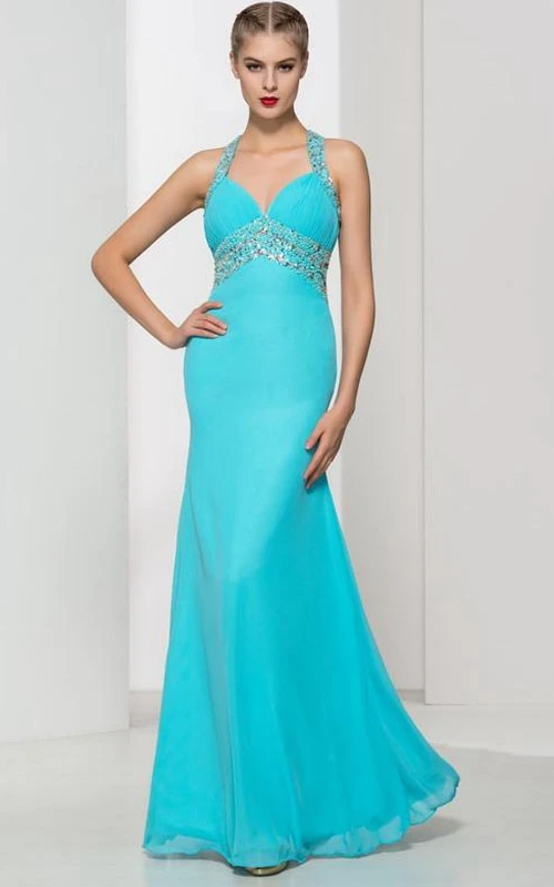 Robe de bal à perles, plis et bretelles croisées