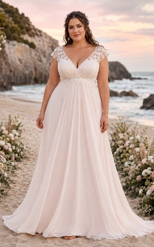 Plus Size Lace Bodice Chiffon Beach Wedding Dress
